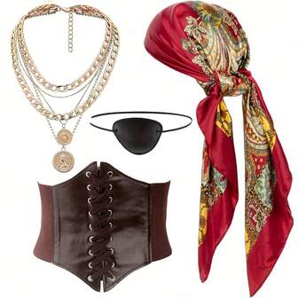 4pcs Pirate Costume Accessories Set: Headscarf, Belt, Necklace, Hat, Eye Patch, Essential For Women Pirate Themed Party, Masquerade, Halloween, Christmas Costume
