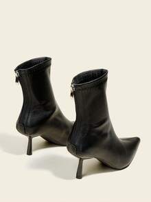 秋冬女士黑色踝靴，7厘米高跟，弹力修身靴，舒适时尚尖头高跟靴，猫跟 - 黑色 - 查看 4