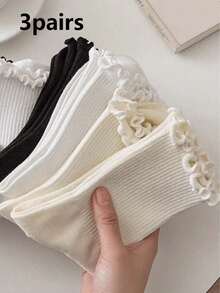 3 双女士蕾丝边中筒袜，舒适时尚，适合日常穿着情人节