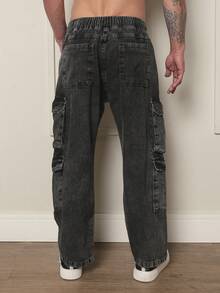 New Model Men's Cargo Pants Black Washed Faded Original Straight Loose Jeans With 8 Pockets - smoke gray - View 5