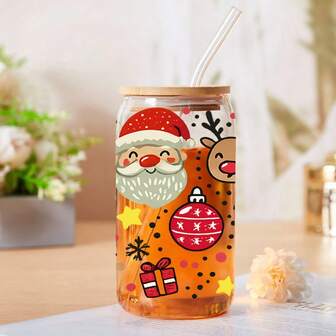 1 Pack, Transparent Glass, Can Be Used As A Christmas Gift, Birthday Gift, A Good Choice For Personal Use And Giving As A Gift. Local Warehouse, 16oz, Squinting Santa Claus And Elk, With A Strong Christmas Atmosphere, To Meet Daily Drinking Needs,