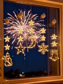 1 Stück warmgelbe Weihnachtsfensterbeleuchtung, Baum-Glöckchen-Stern-Hirsch geformte batteriebetriebene Weihnachtsbeleuchtung zum Aufhängen für Innenräume, Weihnachtsbaum, Kamin, Mehrfarbig