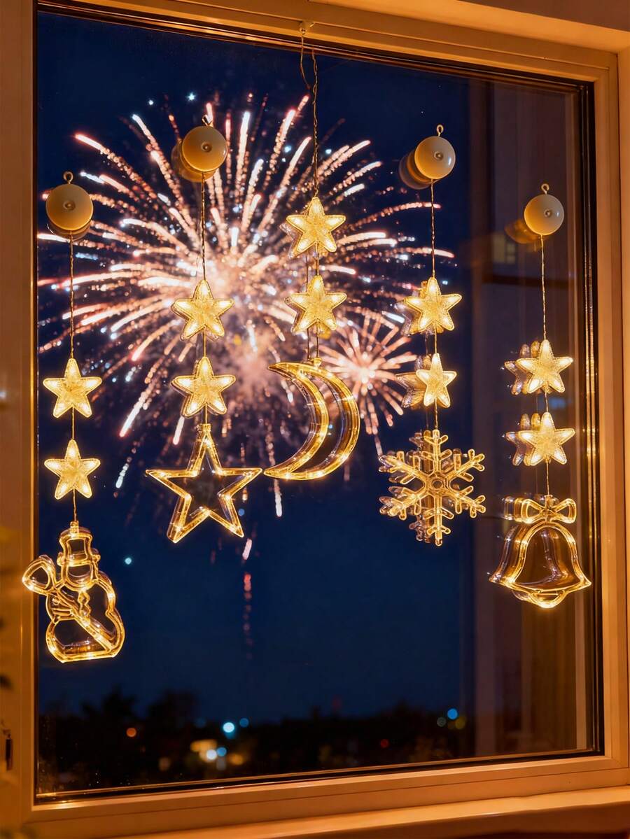 1 Stück warmgelbe Weihnachtsfensterbeleuchtung, Baum-Glöckchen-Stern-Hirsch geformte batteriebetriebene Weihnachtsbeleuchtung zum Aufhängen für Innenräume, Weihnachtsbaum, Kamin, Mehrfarbig