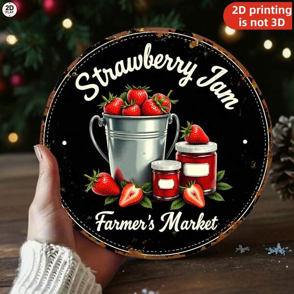 1pcs 2D Flat Vintage Tin Sign Round Wooden Sign Black Strawberry Jam Farmer's Market Print For Kitchen Wall Decor Home Decoration 8x8 Inch Round Metal Sign Suitable For Home Garden Bar  Decorative Sign  Perfect Sign Gift