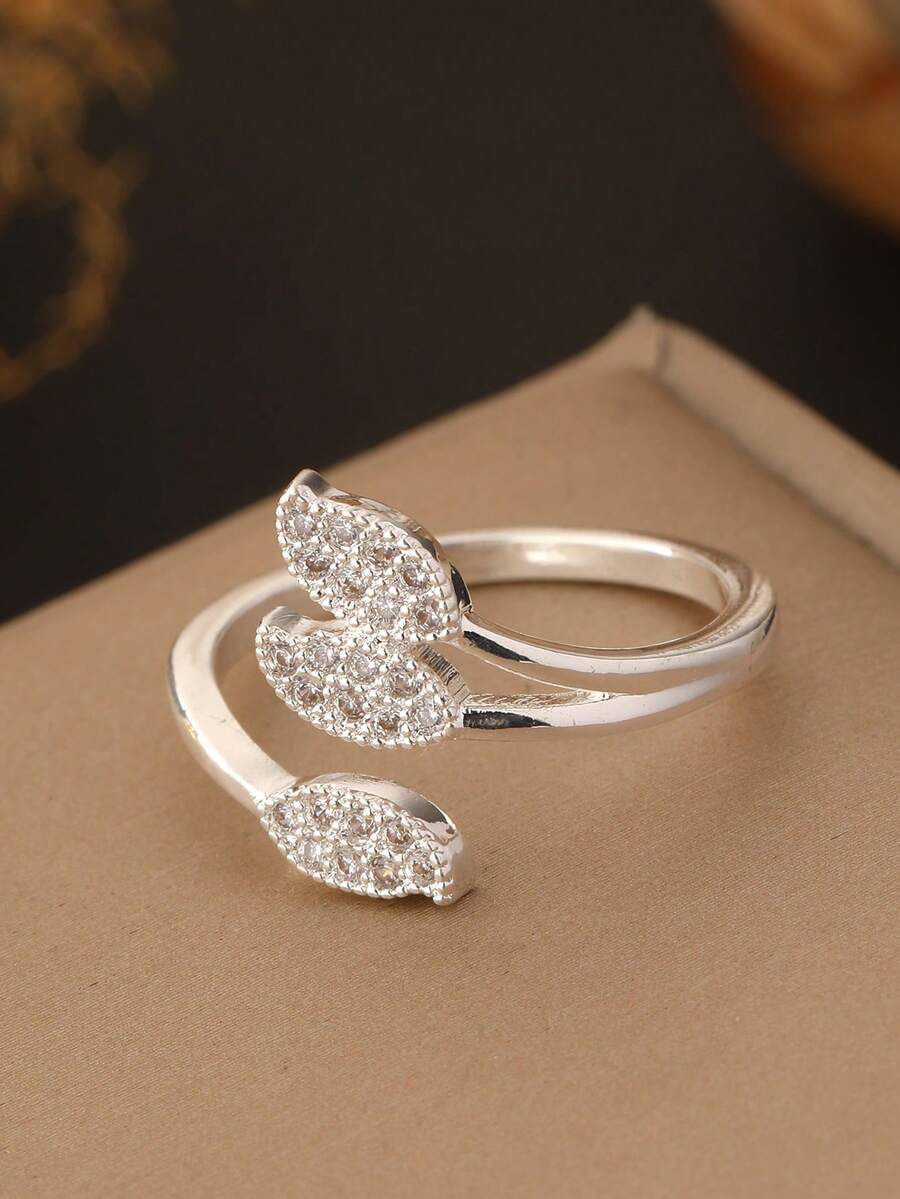 1 Stück 925 Silber beschichteter blattförmiger verstellbarer offener Ring mit kubischem Zirkonia, minimalistisches multifunktionales Accessoire, geeignet für Verlobung, Hochzeit, Neujahr/Valentinstag/Hochzeitsgeschenk, Saudi-Nationalfeiertag Geschenk, Saudi-Werbekatalog, Geschenk für Freundin, Damenschmuck