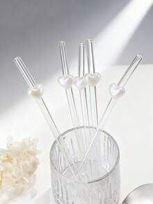 1pc/2pcs Pearl White Curved Glass Straw, Heart-Shaped Design, Elegant Reusable, Suitable For Iced Coffee/Bubble Tea/Juice, Fashionable Gift For Her/Him/Friends - Transparent - View 5