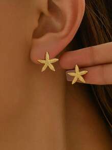 2pcs Minimalist Stainless Steel Starfish Design Earrings For Women, Suitable For Daily, Vacation, Date, Couple Gift