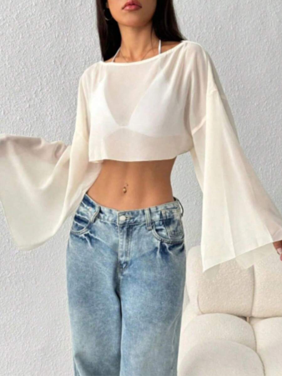 Long-Sleeved Flowing Tulle Crop Top - 白色 - 查看 1