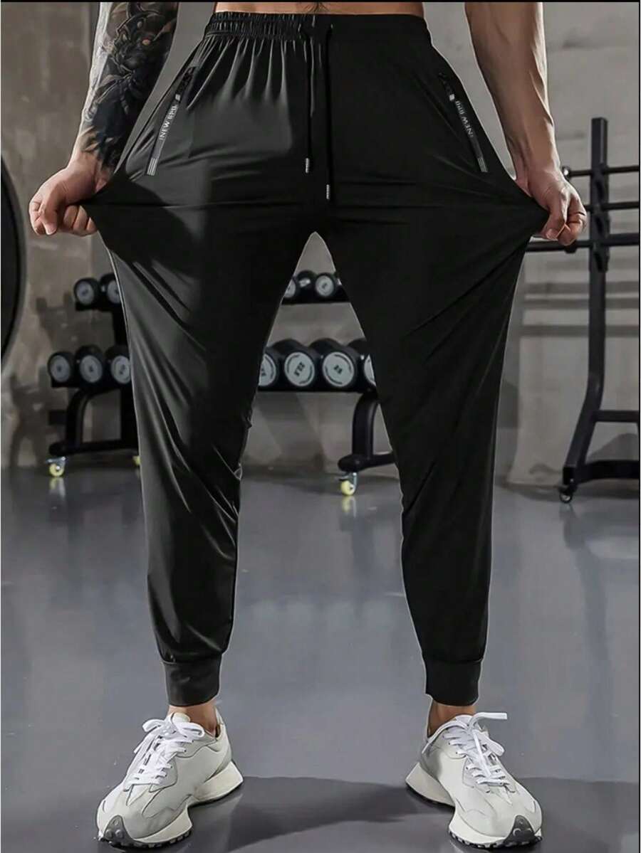 Men's Stretchy Drawstring Training Pants With Zippered Pockets – Quick Dry - Black - View 1