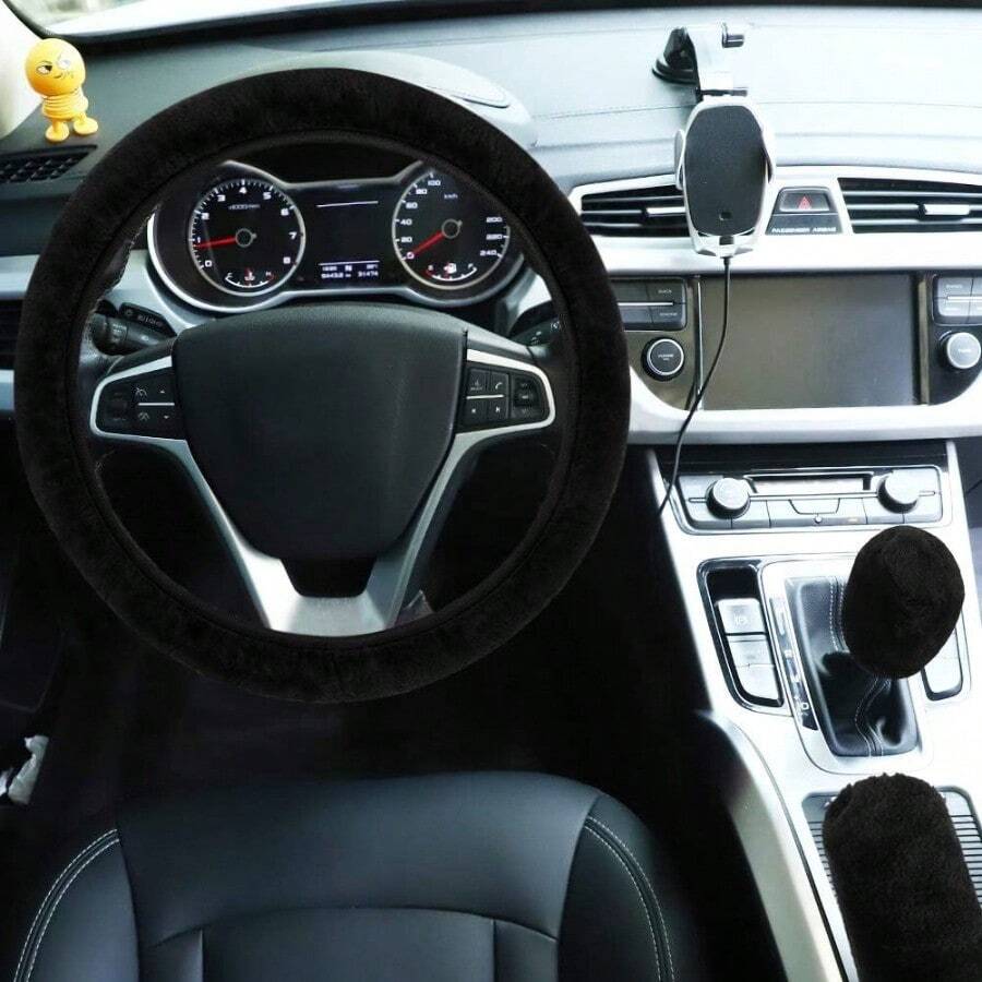 Fuzzy Car Steering Wheel Cover, Universal Fit Fur Auto Wheel Cover & Handbrake Cover & Gear Shift Cover Set, Leopard Warm Fluffy Vehicle Wheel Protector Car Accessories For Men Women (Brown) - 黑色 - 查看 1