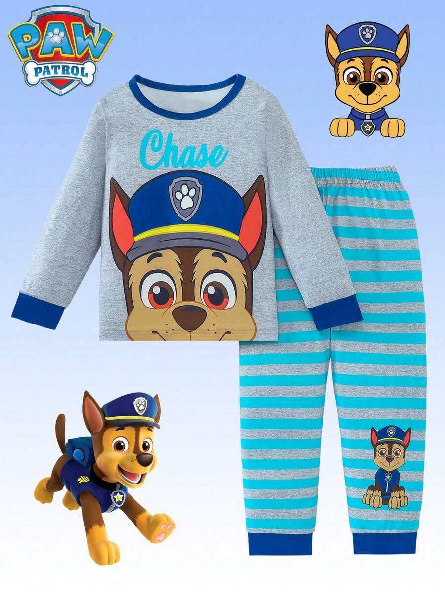 2 件 Paw Patrol 男童睡衣套装，可爱卡通狗印花圆领长袖 T 恤和松紧袖口裤子，适合男孩的舒适家居服，适合日常休闲穿着和节日礼物，秋冬季 - 灰色 - 查看 1