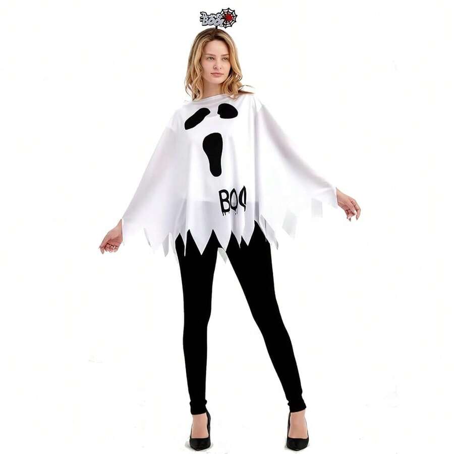 Easy Halloween Costumes Woman 2024 - Plus Size Pumpkin Ghost Evil Skeleton Spider Web Poncho With Headband,Adult Cosutme Set{"Color_name":"WhiteBoo"} - WhiteBoo - View 1