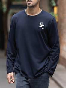 Krometka 男士百搭秋季单品 | 杏色圆领纽约元素印花长袖T恤，适合送给丈夫、男友或朋友 - 藏蓝色 - 查看 3