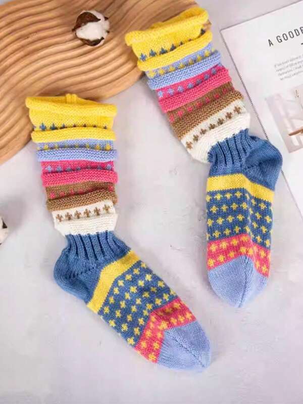 1 par de calcetines de tubo medio de colores brillantes y dulces, de moda y gruesos, para otoño e invierno