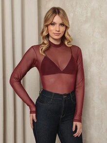 Women's Long Sleeve Tulle Blouse With High Neck Transparent Elegant - Casual Fashion And Fashion Simple Transparent None Holiday Evening All Seasons - 硼 - 查看 1