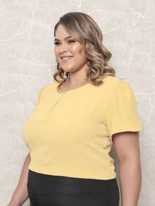 ONLYONE - PLUS SIZE WOMEN'S BLOUSE, SHORT SLEEVE PRINCESS, PLEATES ON THE NECKLINE, LIGHT DUNES - ELEGANT WOMEN'S BLOUSES, LARGE - 黃色 - 查看 3