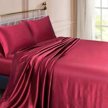 Silky Soft Pink Twin XL Satin Bed Sheets Set, 1 Deep Pocket Fitted Sheet + 1 Flat Sheet + 1 Pillowcase,  In 2025 - 酒紅色 - 查看 2