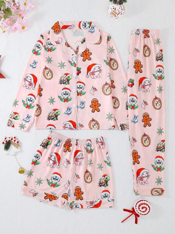 Set de 3 piezas de pijama casual para niñas y adolescentes con estampado de hombre de jengibre y tortuga, que incluye cárdigan de manga larga con cuello, pantalones cortos y pantalones, retardante de llamas, adecuado para todas las estaciones y Navidad