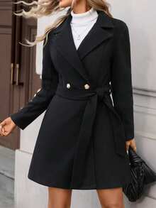 Áo khoác dáng dài cổ điển hai hàng cúc có thắt lưng dành cho nữ mùa thu đông, áo khoác dáng dài cổ ve áo choàng, áo khoác dáng dài một hàng cúc có thắt lưng. - màu đen - Xem 6