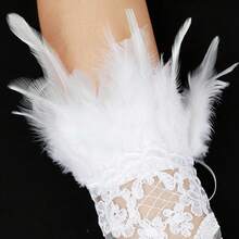 L'VOW 2Pcs Gothic Black Lace Feather Long Gloves For Women Halloween Witch Costume Swan Wristband Cuff{"Color_name":"A-White"} - A-白色 - 查看 9