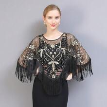 1920s Shawl Wraps Sequin Beaded Evening Cape For Gatsby Party Bridal Shawl Women Evening Cape Flapper Cover Up{"Color_name":"BlackGold"} - 黑金 - 查看 3
