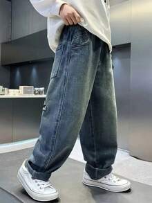 Tween Boy Fashion Cartoon Embroidered Washed Loose Fit Jeans - Dark Wash - View 2
