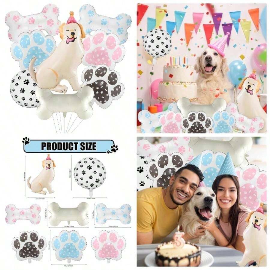Globos de para Mascotas - Set de 8 Piezas con Diseos de Perros, Huesos y Huellas en Rosa, Azul, Negro - Decoracin para Cumpleaos de Perros y Fiestas Temticas - inicial - Ver 1
