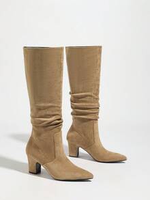 女士时尚热销尖头褶皱高跟绒面革和皮革及膝黑色靴子，秋冬 - 卡其色 - 查看 7