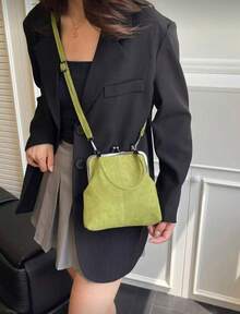 2025 Autumn And Winter New Fashion Retro Suede Material Handbag, Detachable Women's Shoulder Bag, With Button Closure Wallet. Simple Green Crossbody Bag - 綠色 - 查看 3