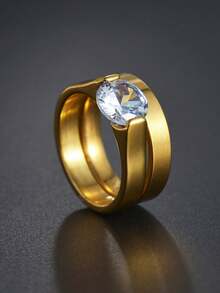 1pair Luxury Round Rhinestone Stainless Steel Rings, Fashion Personalized Ring Set For Women, Suitable For Valentine's Day, Wedding, Party, Birthday Gift, Daily Wear