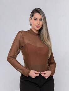 Women's Long Sleeve Tulle Blouse With High Neck Transparent Elegant - Casual Fashion And Fashion Simple Transparent None Holiday Evening All Seasons - 鏽棕色 - 查看 4