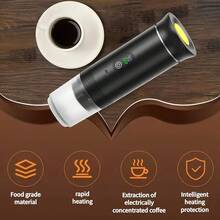 二合一便携式咖啡机，配备3节2500mAh电池，LED温度显示，可制作冷热饮品，按键操作简单，适合家庭、办公室、露营、汽车和旅行使用。