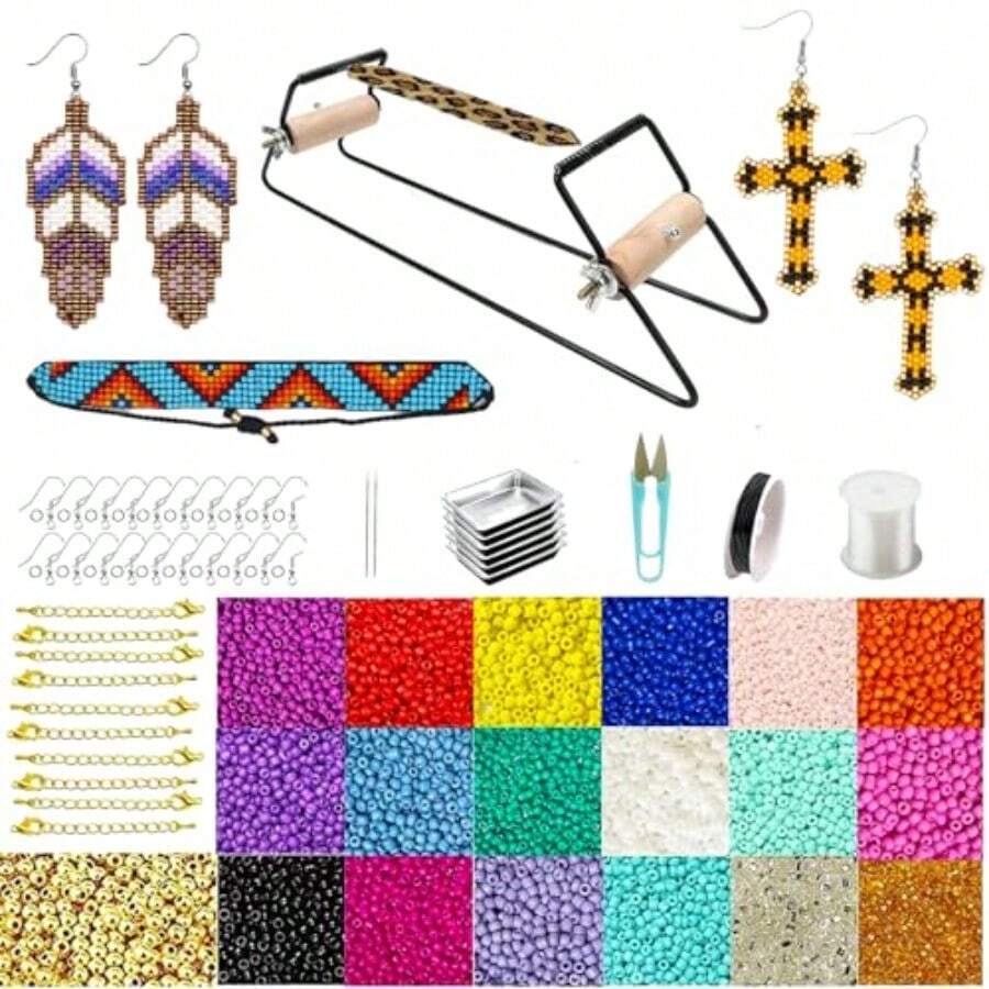 Frame Beading Loom Kit For Boho Beaded Bracelets Earrings Belts Making Includes 16000 Glass Seed Beads Dia 3mm And 1200 Gold Silver Bling Beads 150 Meter Clear Cord Beading Trays Needles And Instruction For DIY Jewelry Craft
