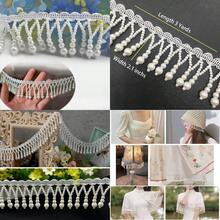 3 Yards Pearl Bead Tassel Lace Ribbon Applique Pearl Fringe Tassle Beaded Lace Ribbon Sewing Clothing Edge Curtain For Sewing Wedding Bridal Dress Sash Belt Headwear Curtain White
