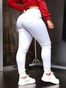 Jeans pantalon mezclilla jeans dama mujer femenino moderno juvenil casual dia noche moderno juvenil sexy trabajo tiro alto cintura alta oficina trabajo entubado skinny ajustado roturas desgastado destruido roto surprise jeans - Blanco - Ver 3