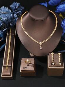 5 قطع طقم مجوهرات أنيق ورفيع للعروس مرصع بأحجار الزركونيا البلورية كاملة ،طقم مجوهرات عصري للحفلات للنساء