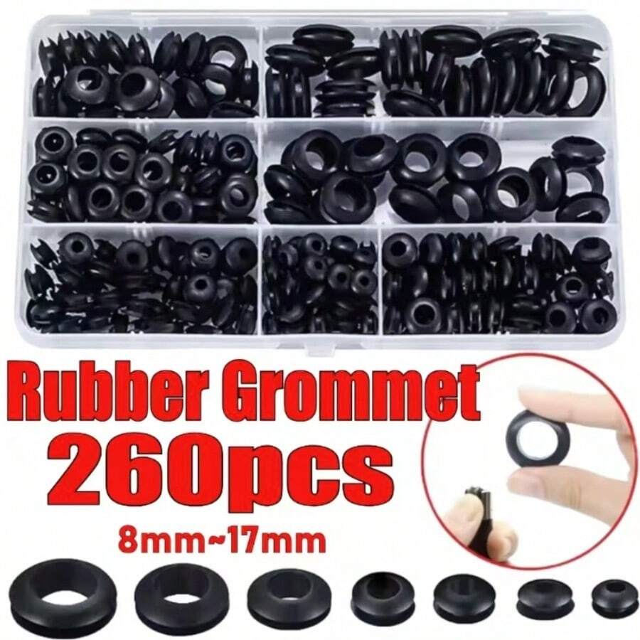 260 Pieces Black Double-Sided Rubber O-Ring Gasket, Insulating Material Cable Seal Kit, Suitable For Homes, Cars And Cables - Waterproof Wire Cover, Storage Box, Multiple Sizes
