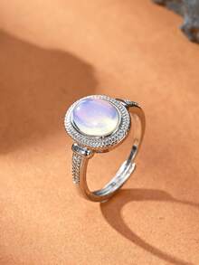 1pc Natural Crystal & Stone Smooth Egg-Shaped Open Ring, Suitable For Women