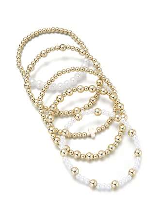 4pcs/Set Fashionable Turquoise Cross & Pearl CCB Beaded Elastic Bracelet Set For Women, Suitable For Daily Wear