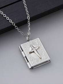 1PC Vintage Unisex Necklace Silver-Tone Flip-Open Book Pendant Suitable For Both Men And Women Everyday Wear Jewelry - vòng cổ - Xem 3