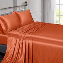Silky Soft Pink Twin XL Satin Bed Sheets Set, 1 Deep Pocket Fitted Sheet + 1 Flat Sheet + 1 Pillowcase,  In 2025 - 亮橙色 - 查看 2