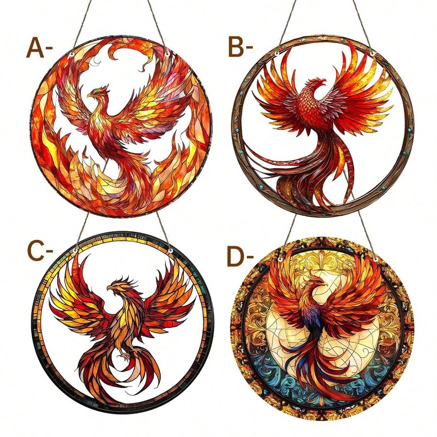 Atrapasol de Fénix Ardiente - Letrero redondo de acrílico con vibrantes plumas naranjas y rojas, decoración colgante de ventana con estilo de vidrio de colores, decoración del hogar cálida e invitadora para ocasiones festivas y del hogar, arte de pared vívido | Decoración de atrapasol, decoración navideña, decoración del Día de San Valentín, decoración dulce - Acrílico-redondo - Ver 1