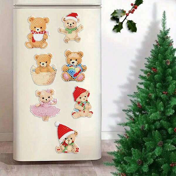 7 piezas Imanes de nevera de pintura de diamantes - Patrón de oso de peluche con gorro de Papá Noel, Kit de pintura de diamantes DIY, Efecto de diamante asimétrico brillante, Ideal para decoración del hogar y regalos de Navidad