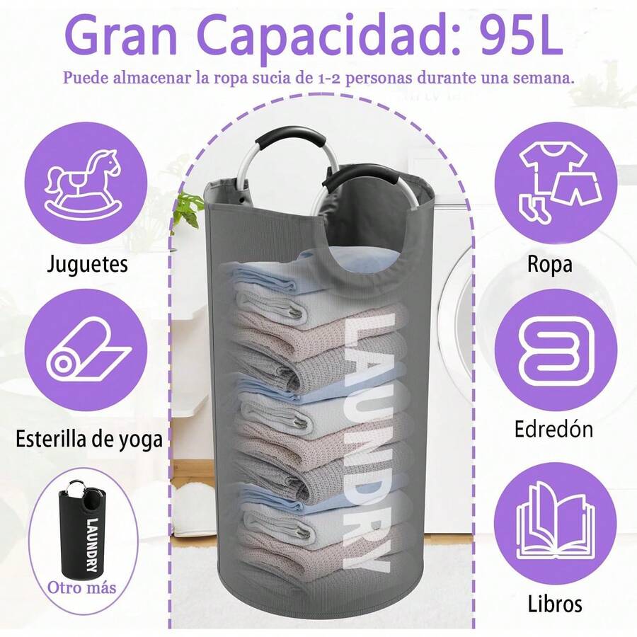 2PCS Cestos Ropa Sucia Plegable,Cesto para Ropa Sucia Fácil de Transportar,Cesta para la Colada Alta Capacidad,Fabricado de Tela Oxford,Cesto de Ropa Sucia de Primera Calidad con Asas(Gris & Negro) - Negro gris - Ver 1