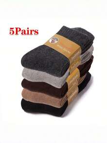 2 Pares/5 Pares de Meias Grossas de Camurça Até o Meio da Panturrilha para Homens - Aquecimento de Inverno, Cores Sólidas (Preto, Marrom, Cinza, Bege), Tecido Tricotado, Lavar à Mão ou Limpar a Seco, Roupa de Inverno Confortável | Design de Meias Minimalista | Meias Tricotadas Mistas