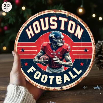 1pcs 2D Flat Vintage Tin Sign 2D Flat Houston Football Decorative Sign - Red And Blue With Player Graphic And Houston Football Text - Perfect For Home, Garage, Or Game Room Décor 8x8 Inch Round Metal Sign Suitable For Home Garden Bar  Decorative Sign  Perfect Sign Gift