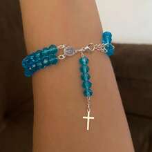 Double Plated Rosary Bracelet - Light Blue/Silver - View 1