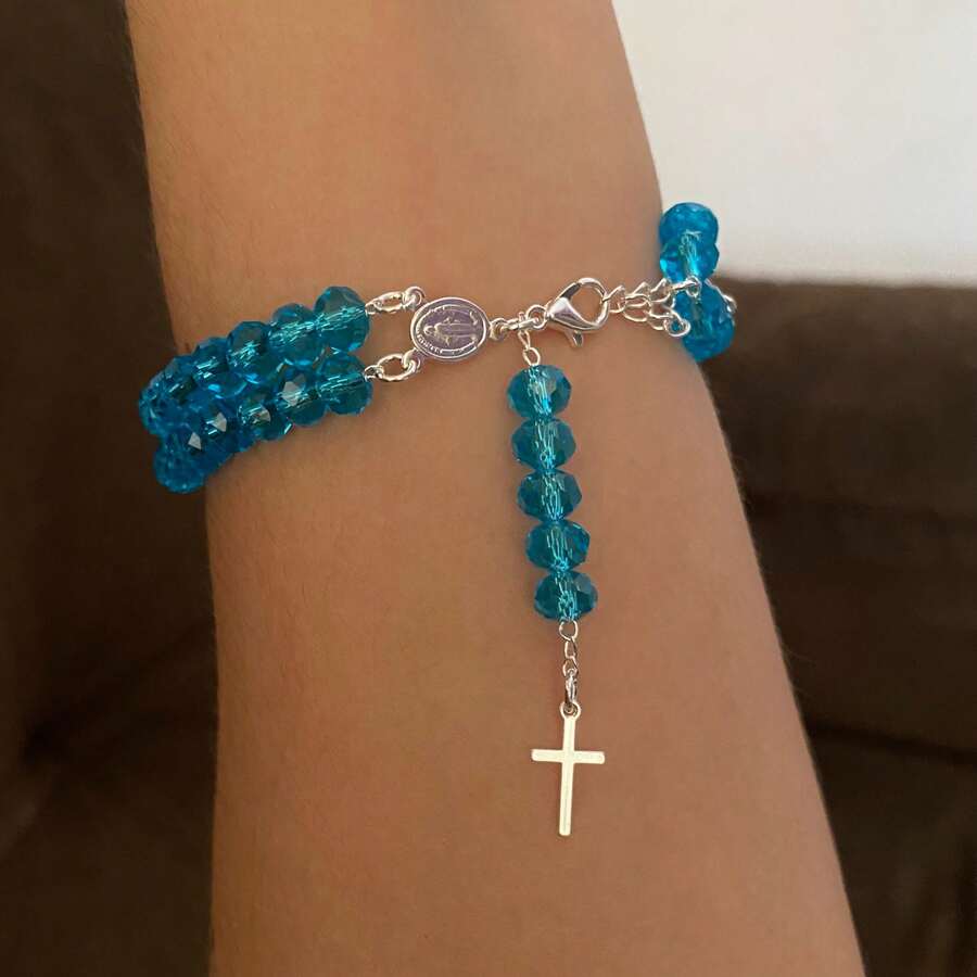 Double Plated Rosary Bracelet - Light Blue/Silver - View 1