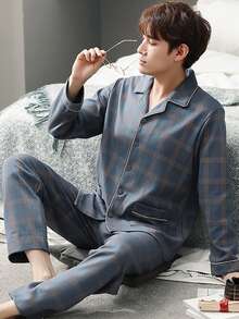 男士两件套睡衣套装 - 长袖翻领衬衫式睡衣 + 直筒裤 - 时尚休闲睡衣，可外穿，秋冬服装