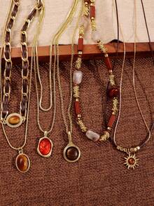 1 pieza Collar con colgante de ojo de tigre vintage, joyería de mujer con capas de colores otoñales/invernales, accesorio retro casual